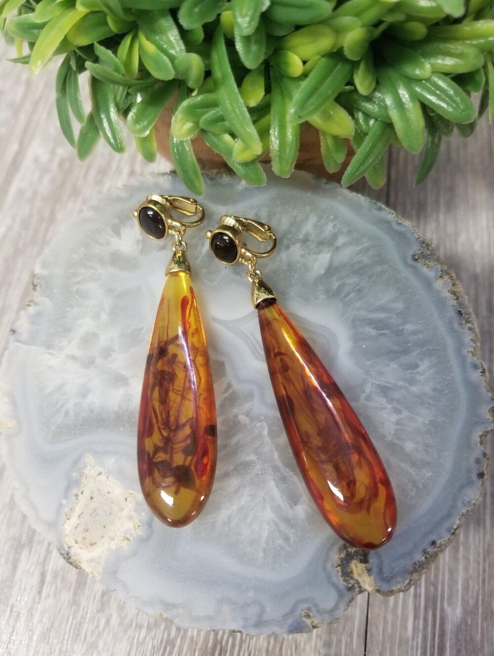 Vintage Amber Colored Teardrop Earrings - Picture 2 of 5
